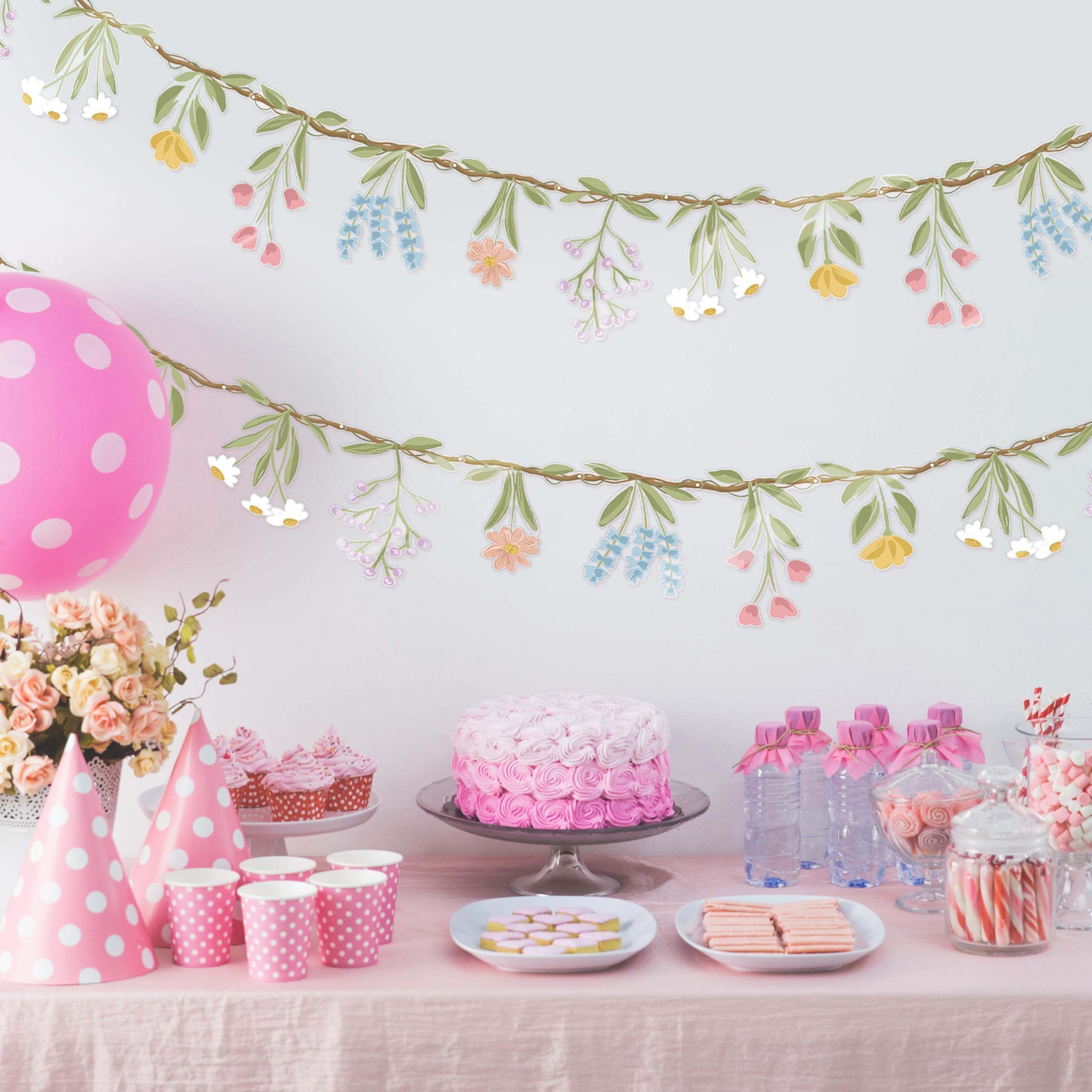 Cheerland Flower Banner Wildflower Garland for Enchanted Garden Party Woodland Theme Picnic Wedding Baby Shower Birthday Onederland Tea Party Supplies Girl Party Decorations 2pcs