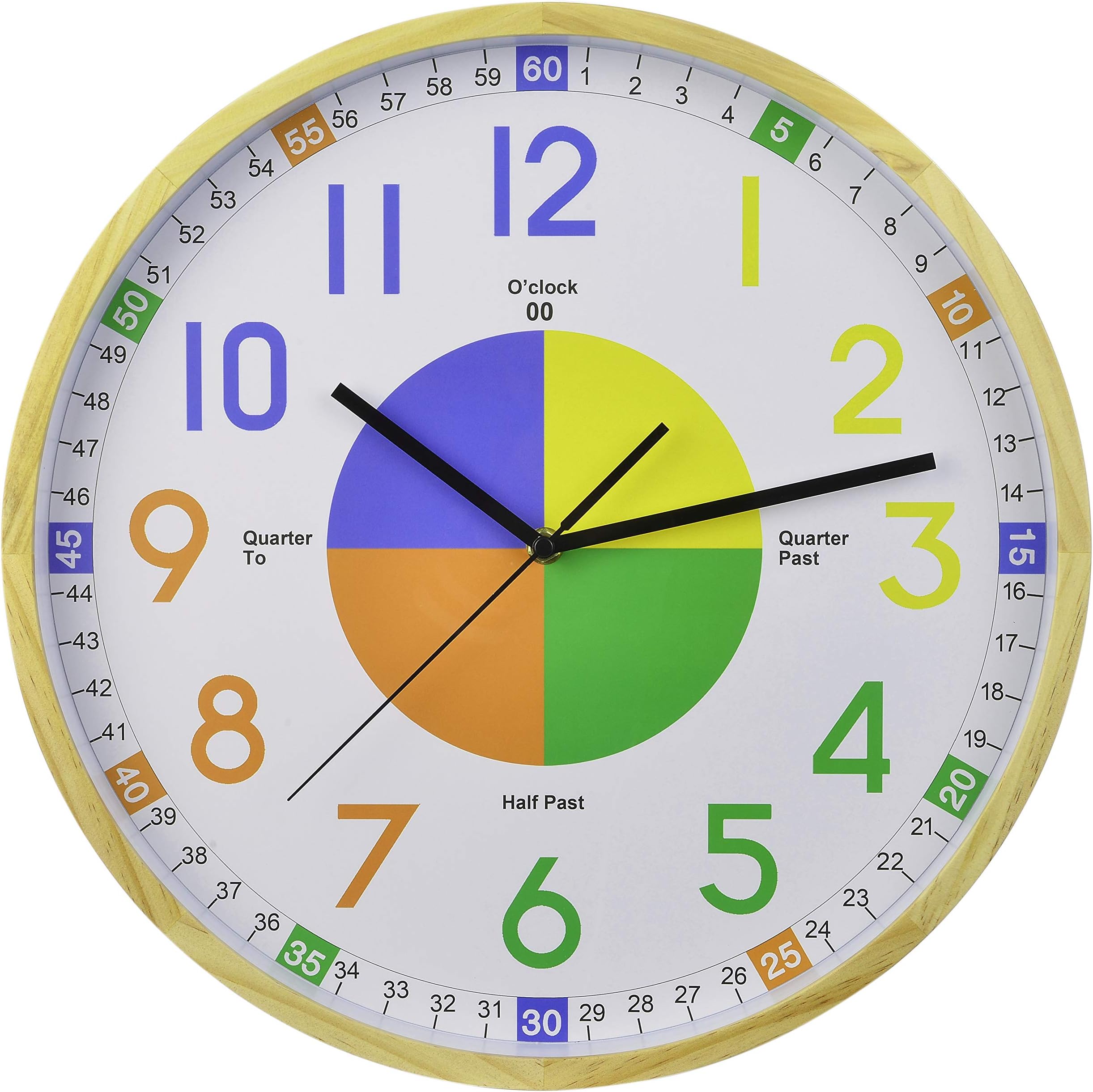 16-Inch Pine Frame Kids Learning Time Teaching Educational Wall Clock Colorful Large Decorative Silent Non-Ticking Battery Operated for Parents Teachers and Kids Bedroom Playroom Classroom