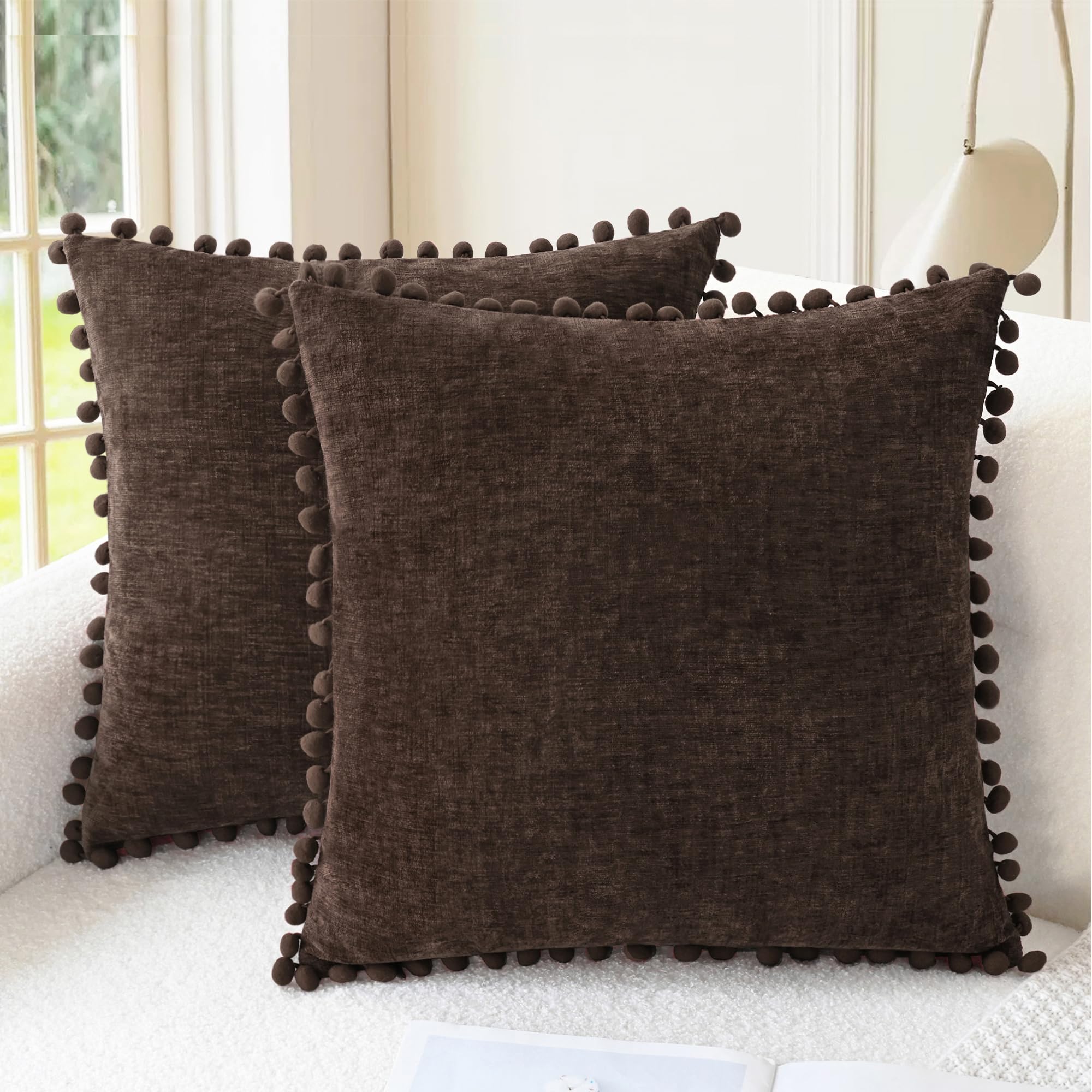 CaliTime Throw Pillow Cases Pack of 2 Cozy Solid Dyed Soft Chenille Cushion Covers with Pom Poms for Couch Sofa Home Decoration 50cm x 50cm Coffee