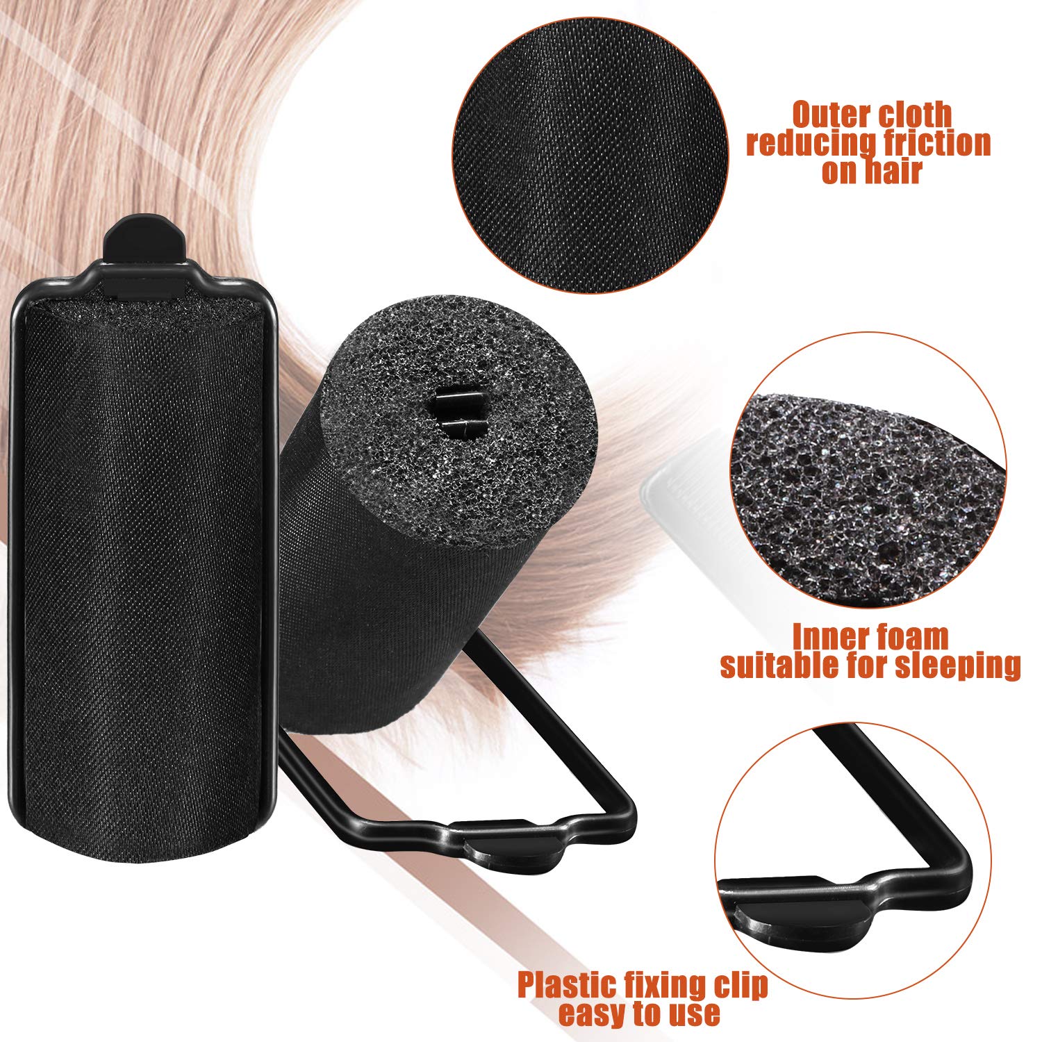40 Pieces Sponge Hair Rollers Satin Rollers Silk Foam Rollers Women Hair Curlers with Duck Teeth Clips for Hairdressing Styling(Multi-size,Black)