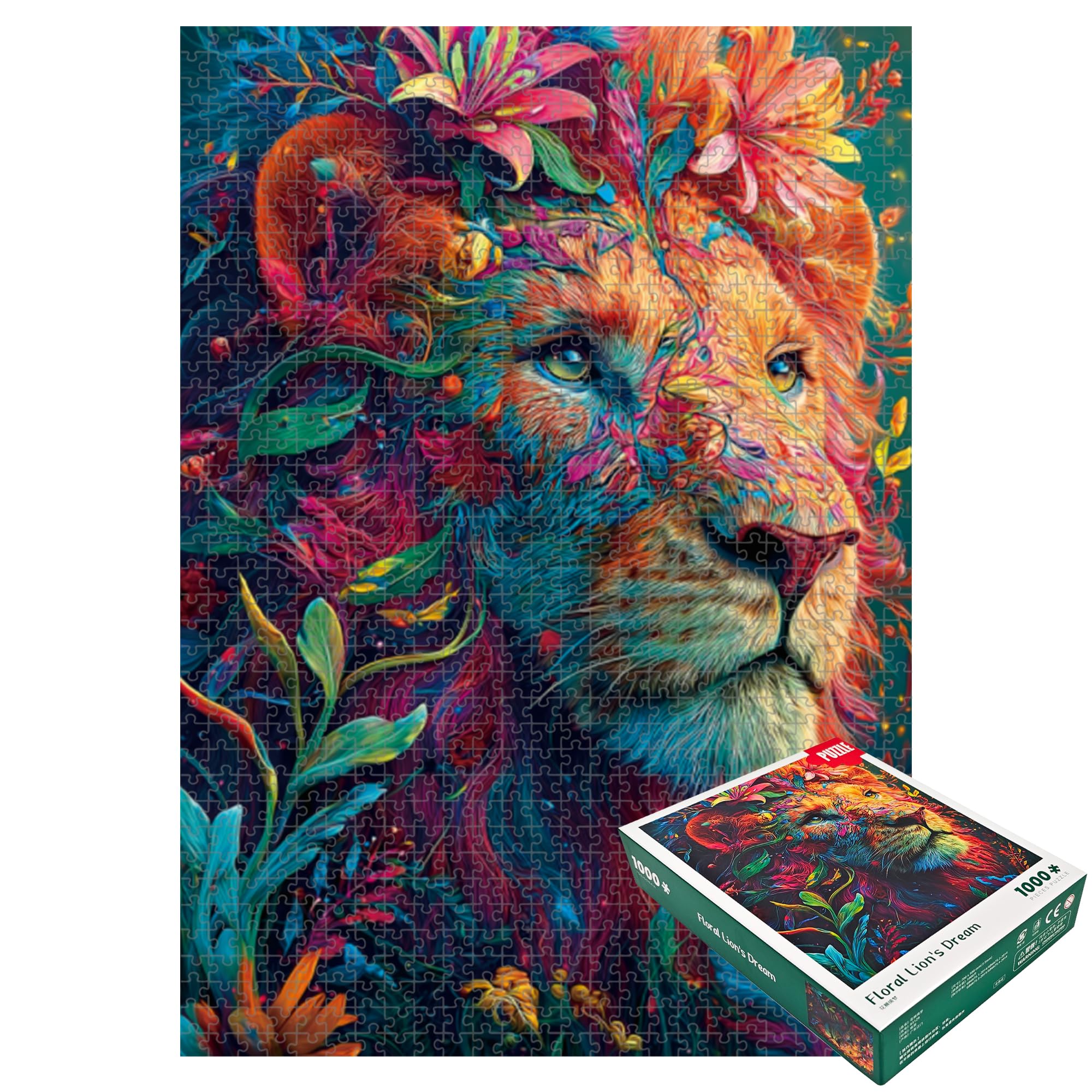 Jigsaw Puzzles for Adults 1000 Pieces, Floral Lion's Dream with Vibrant Psychedelic Floral Details, Artistic Nature Jigsaw Puzzle for Animal Lovers, Home Wall Decor for Puzzle Enthusiasts