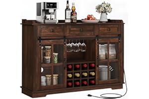 DWVO 53" Sideboard Buffet Cabinet with Wine & Glass Rack, Farmhouse Coffee Bar Cabinets for Storage Liquor w/Power Outlet, 3 Drawers & Sliding Barn Door for Living Room, Brown Oak