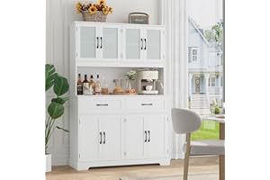 BOTLOG 71" H Pantry Cabinet, Kitchen Hutch with Microwave Stand, Drawers, and Large Countertop, Buffet Cabinet with Hutch with Doors and Shelves for Dining Room Home Bar, White