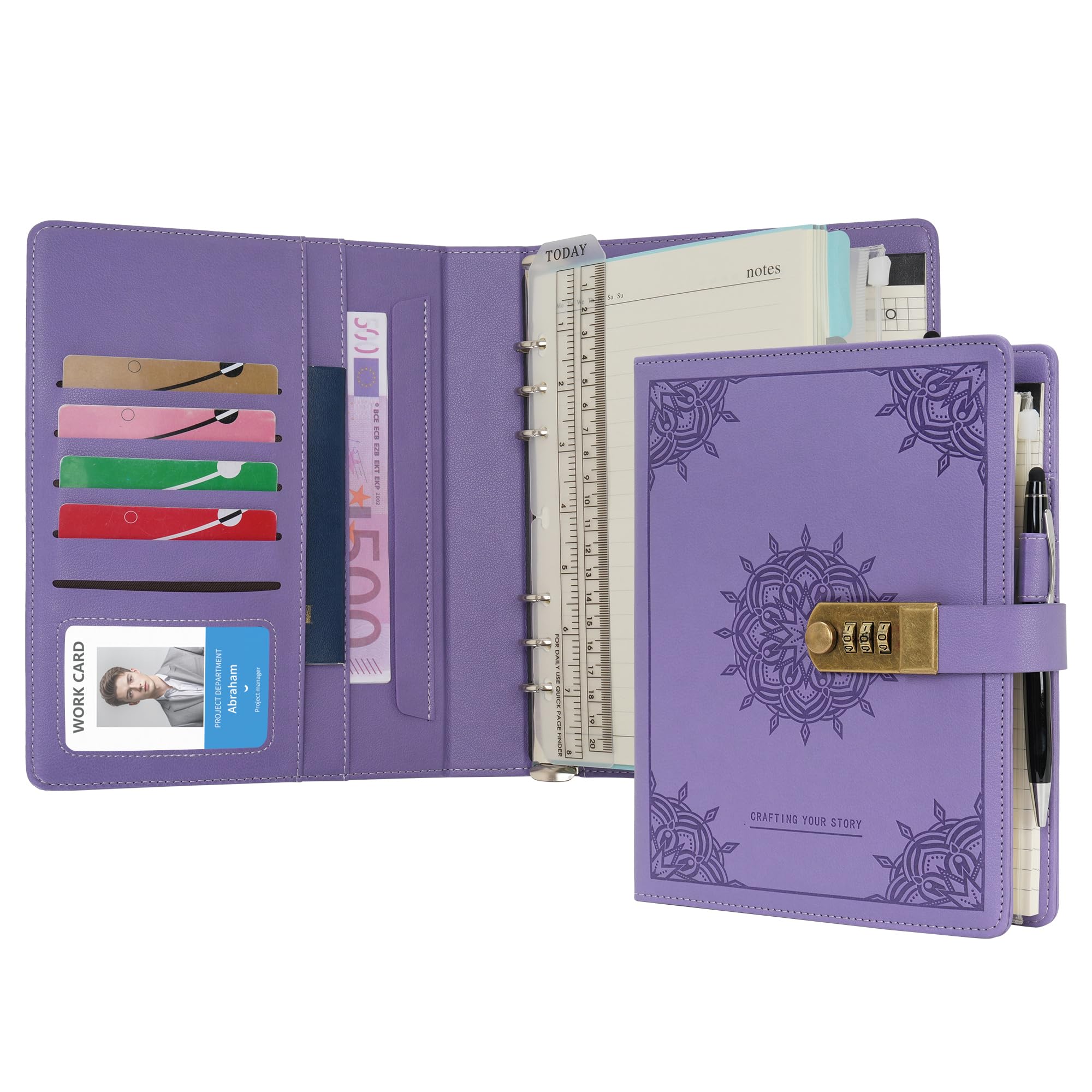 WASON Diary with Lock A5 Binder Ruled Spiral Notebook Journal Planner Portfolio and Refillable Writing Lined Paper Notepad, Pen, Clipboard Organizer For Ideal Business, School & Travel (Purple)
