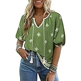 Vivilli Womens Summer Boho Tops Casual V Neck Short Sleeve Blouses Floral Print Shirt Tie Front Flowy Vacation Clothes