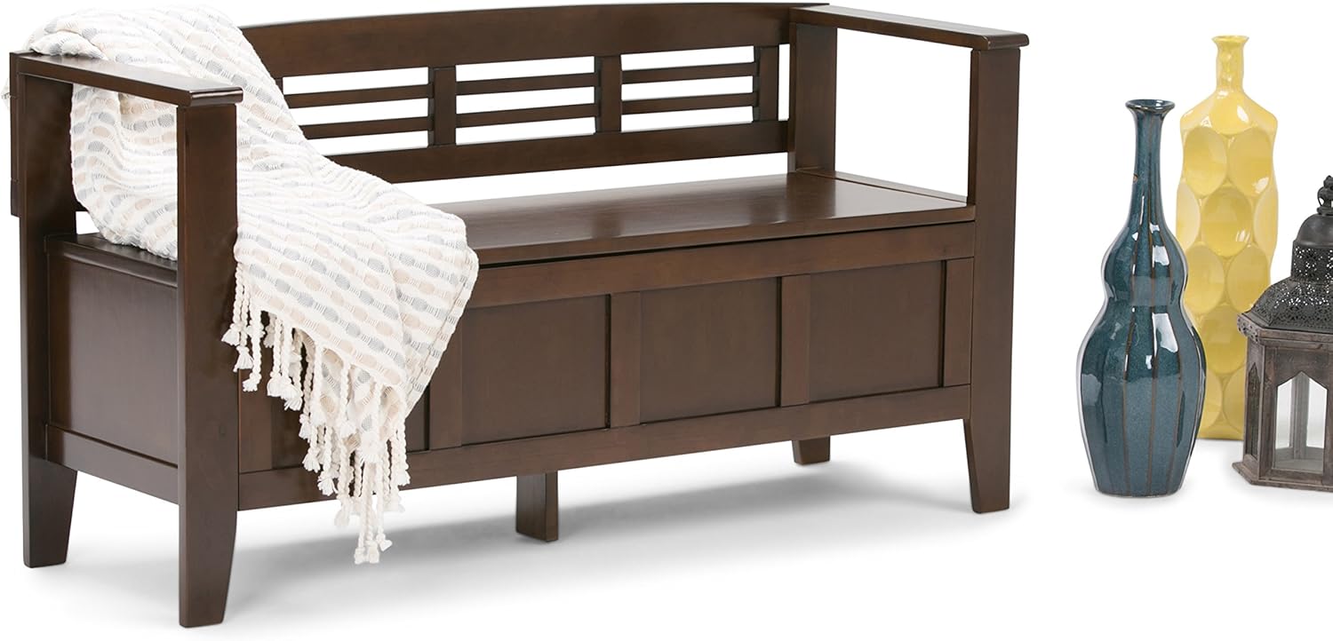 Simpli Home Adams SOLID WOOD 48 inch Wide Entryway Storage Bench with Safety Hinge, Multifunctional, Rustic, in Rustic Medium Brown: Kitchen & Dining