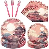 Deorfuy Hibachi Party Tableware Decorations - 96PCS Japanese Paper Plates and Napkins Party Decoration Hibachi Birthday Forks Decor Baby Shower, Serve for 24