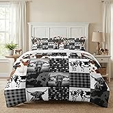 WeCozy King Size Comforter Set with 2 Pillowcases, Highland Cow Print Animal 3 Pcs Bedding for Kids and Adults, Farm Black White Plaid Soft Comforter Set for Bedroom Bed Decor