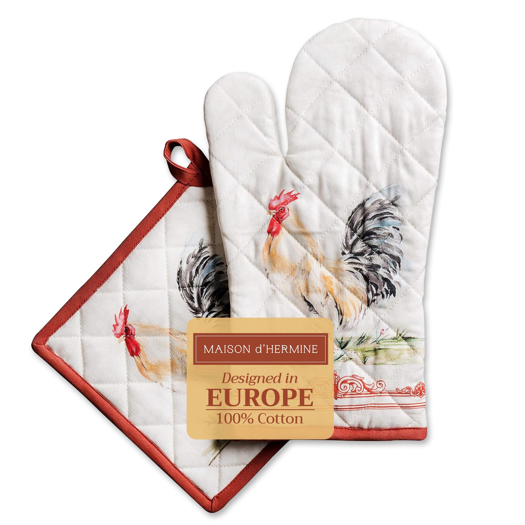 Maison d' Hermine 100% Cotton Oven Mitt & Pot Holder Set (19 x 33 cm & 20 x 20 cm) Heat Resistant BBQ Cooking Gloves with Loop for Baking Handling Hot Pans Gifts for Mothers Day (Campagne)