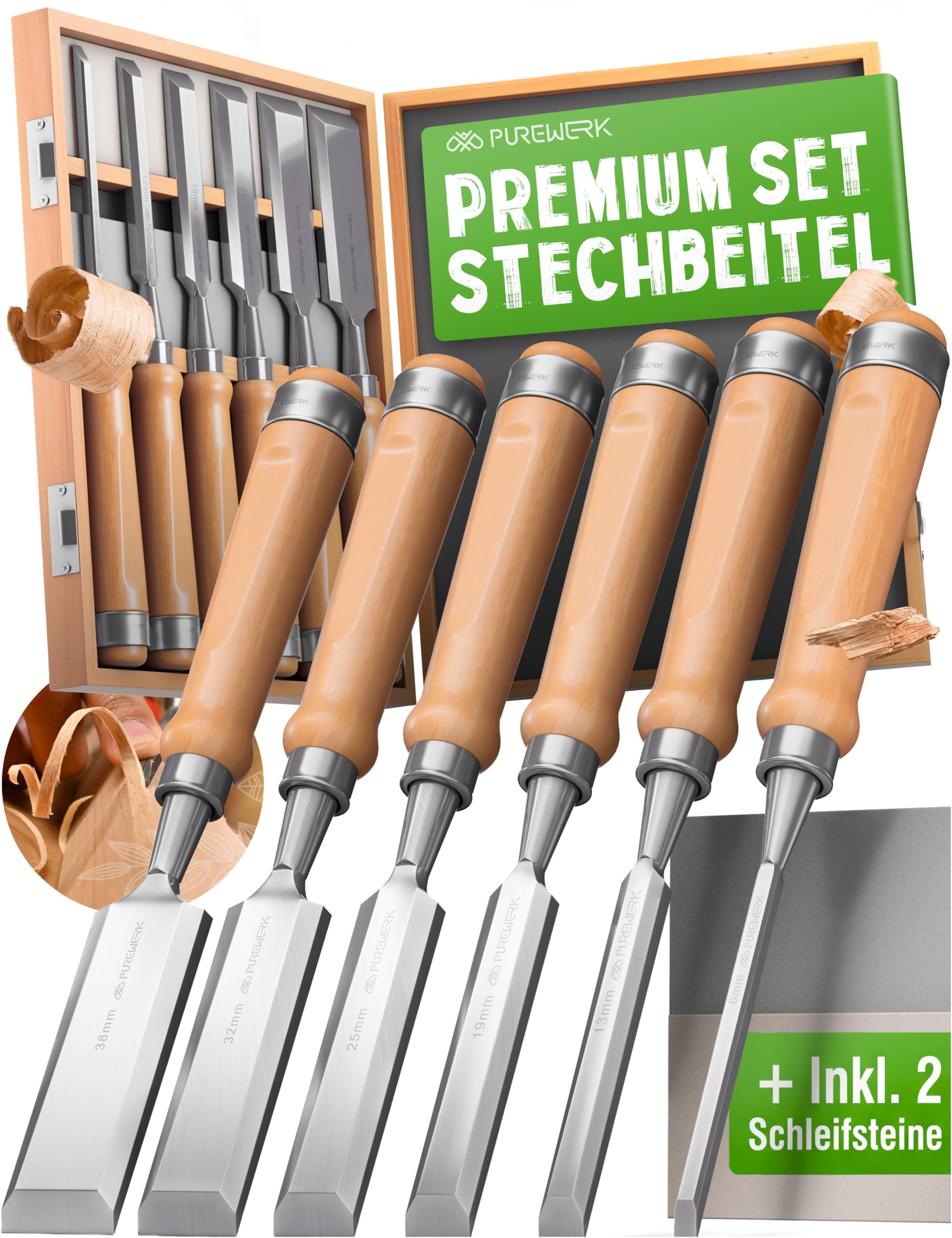 PUREWERK® Chisel Set for Wood [6 Sizes] - Chisel Set with 6 Sharpened Chisels Made of CrV Steel - Woodworking Tool Including Box & Grinding Stones