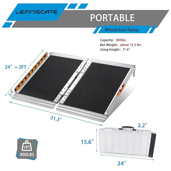 LEMNISCATE PORTABLE WHEELCHAIR RAMP 2FT, WHEELCHAIR RAMPS FOR HOME STEPS, NON-SLIP HANDICAP RAMP WITH HANDLE, FOLDING WHEEL CHAIR RAMPS FOR HOMES STEPS, STAIRS, DOORWAYS, SCOOTER, 800LBS CAPACITY