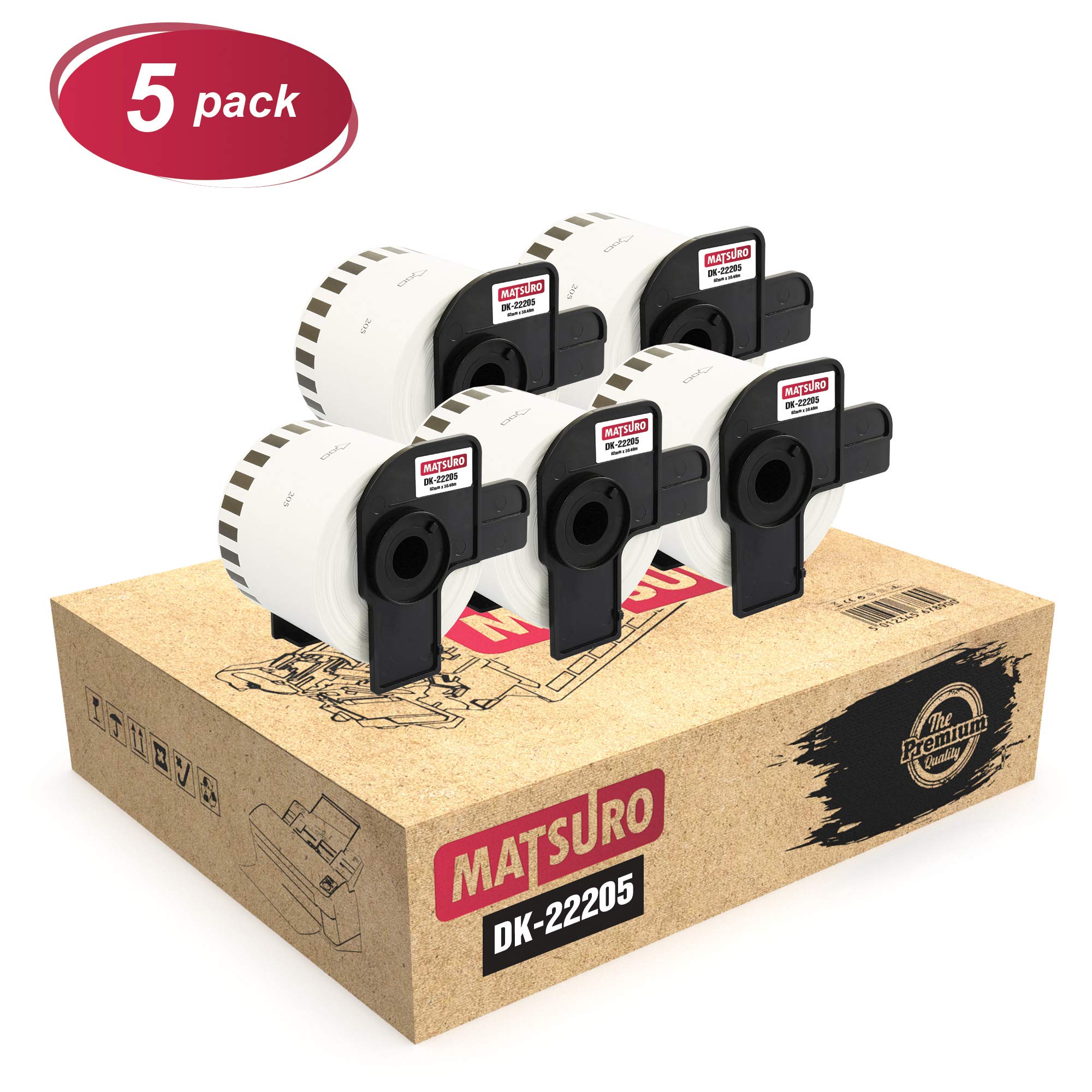Matsuro Original | Compatible Label Rolls Replacement for Brother P-Touch DK-22205 DK22205 (62 mm x 30.48 m | Continuous | 5 Pack)