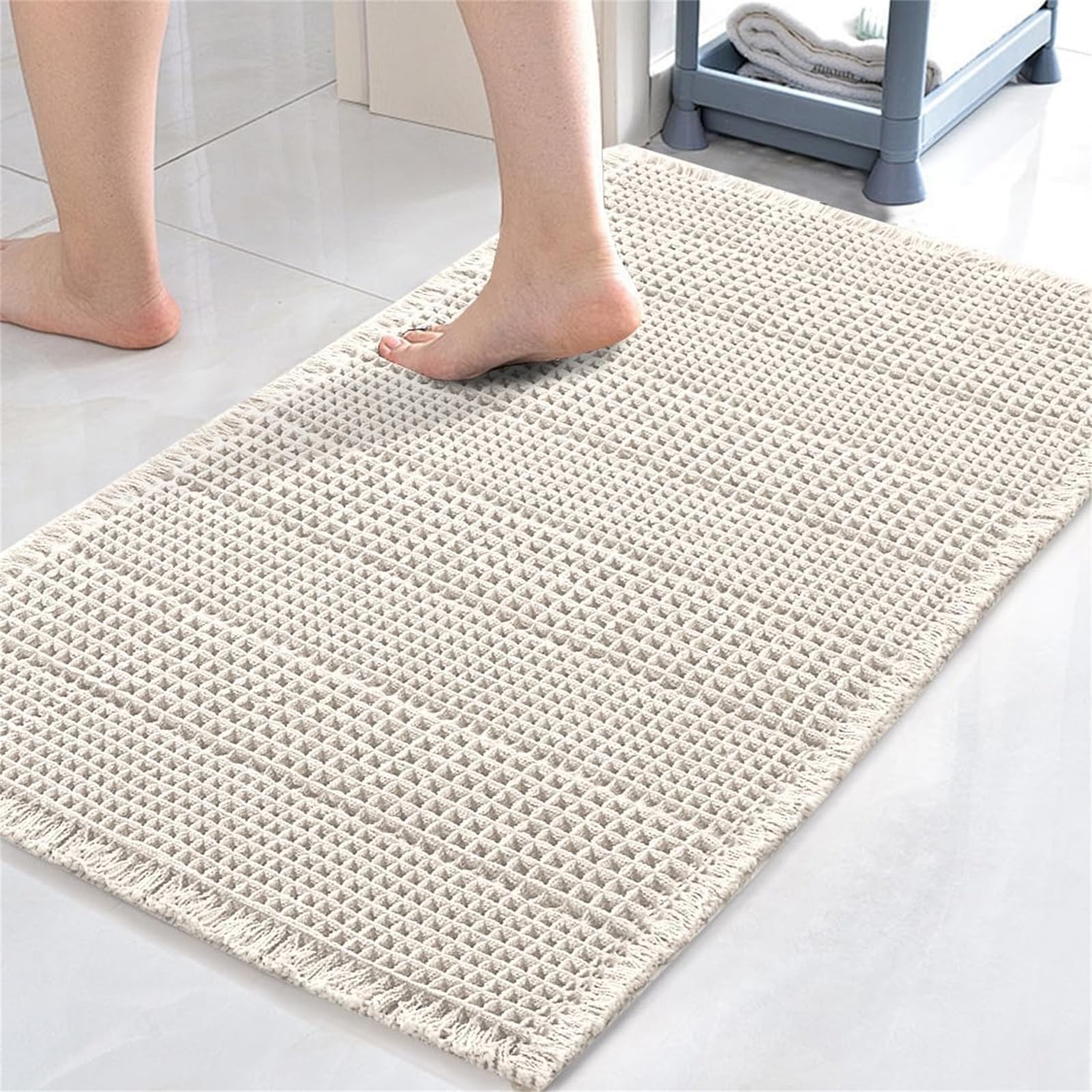 LINGKY Bath Mat Non Slip Anti Mould 40x60 cm - Ivory Waffle Bathroom Mat Extra Soft & Comfortable Bathmat Machine Washable Super Water Absorption Shower Mat