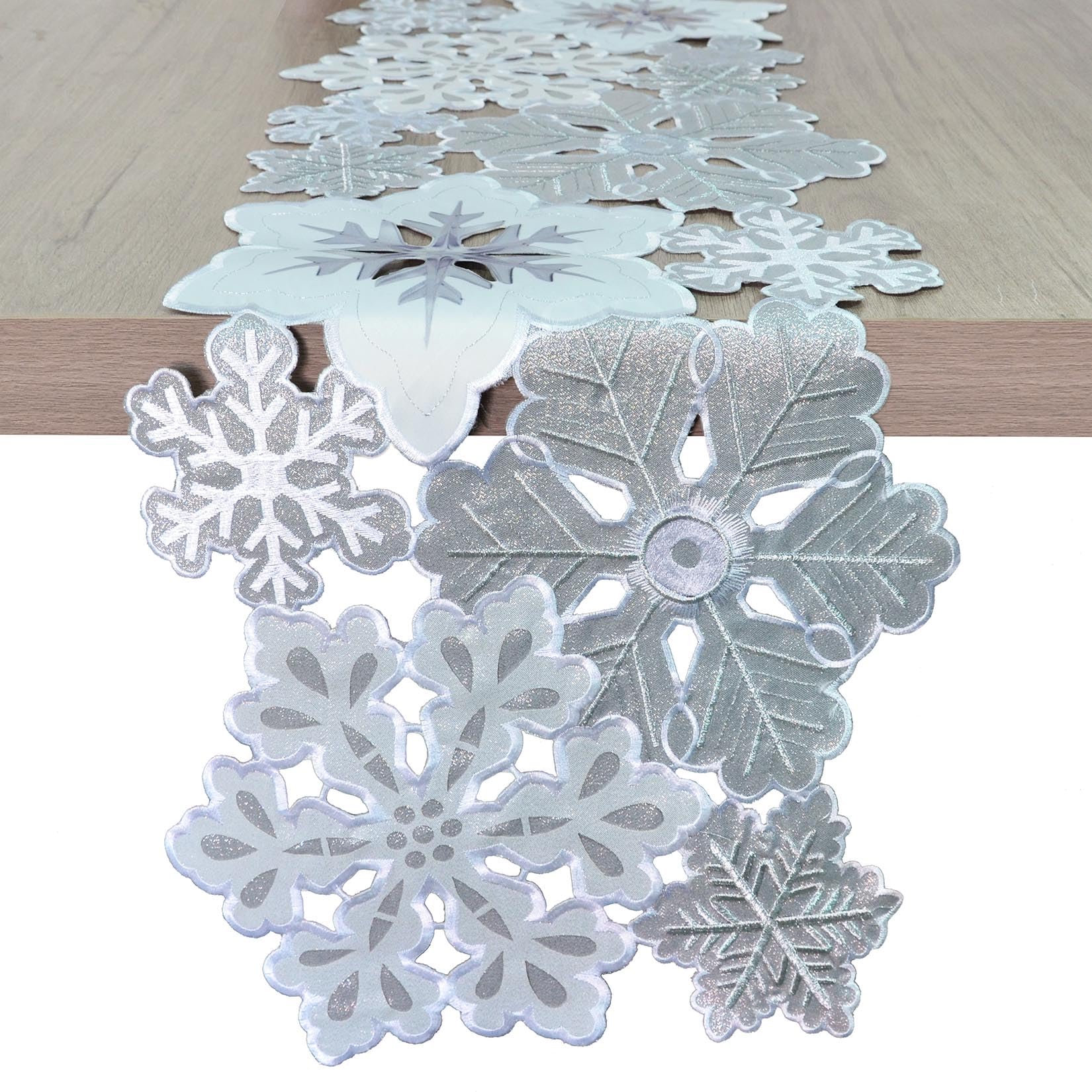 Grelucgo Machine Embroidered and Hand Cut Silver Grey and White Snowflakes Table Runner for Christmas Holiday (13.5 x 54 inches)