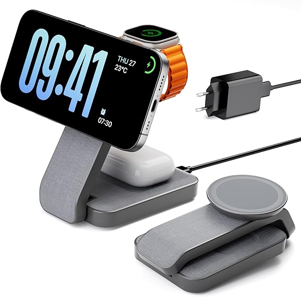 Eazpower Magsafe Ladestation für Apple Watch und iPhone 3 In 1 Faltbar, iPhone Ladestation Magsafe Ladegerät Charging Station für iPhone 17 16 15 14 13 12 Pro Max - Anthrazit