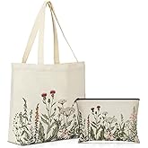 Sadnyy 2 Pcs Wildflower Aesthetic Canvas Tote Bags with Makeup Zipper Pouch for Women Valentine Galentine Cute Floral Reusable Shoulder Tote Bag for Teacher Beach Shopping Travel Work Gym Grocery