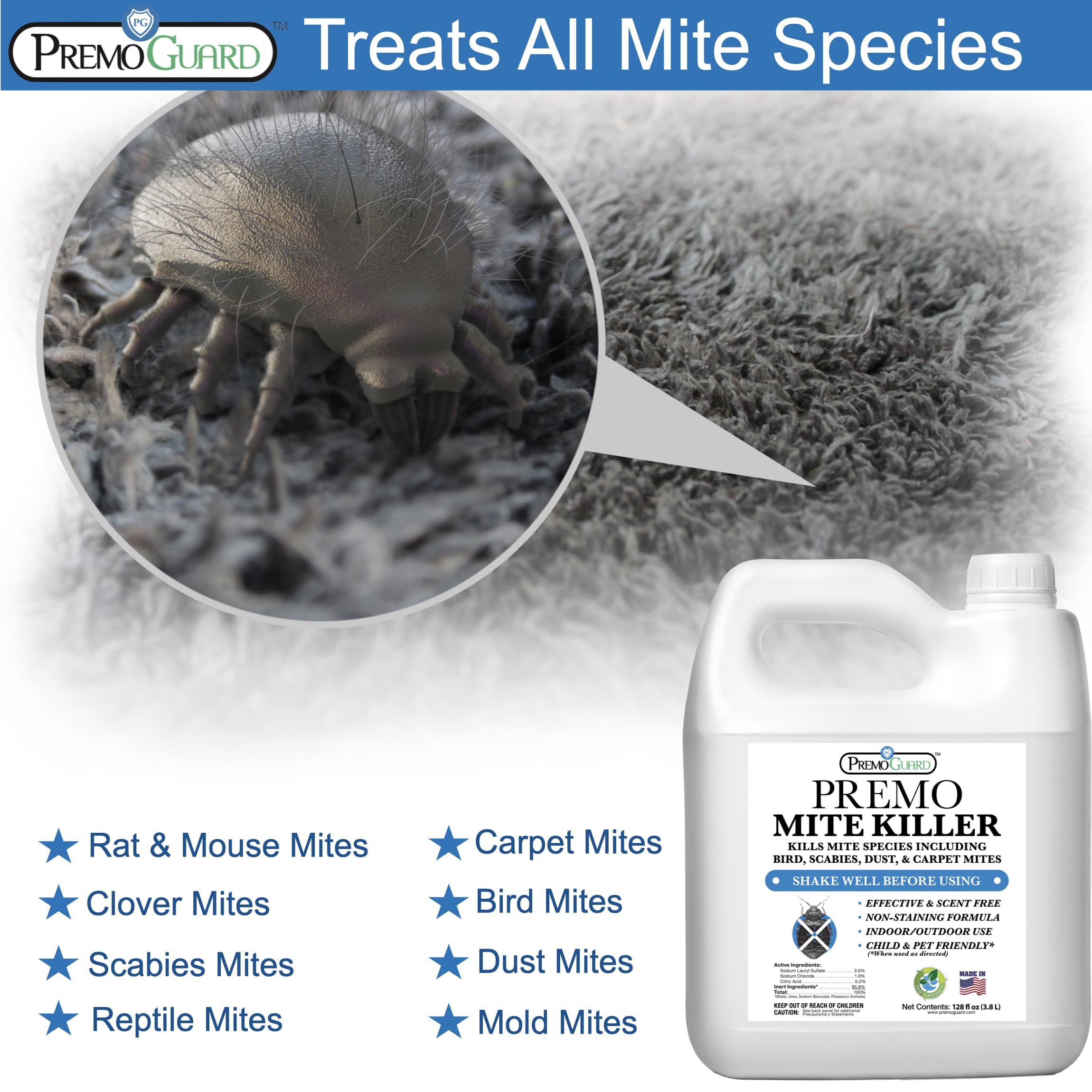 Premo Guard Mite Treatment Spray – 128 oz – Kills Dust, Human, Scabies, Spider, Carpet, Bird, Mouse & Rat Mites in Home, on Furniture, Bedding – Natural Non-Toxic 100% Effective – Child & Pet Safe