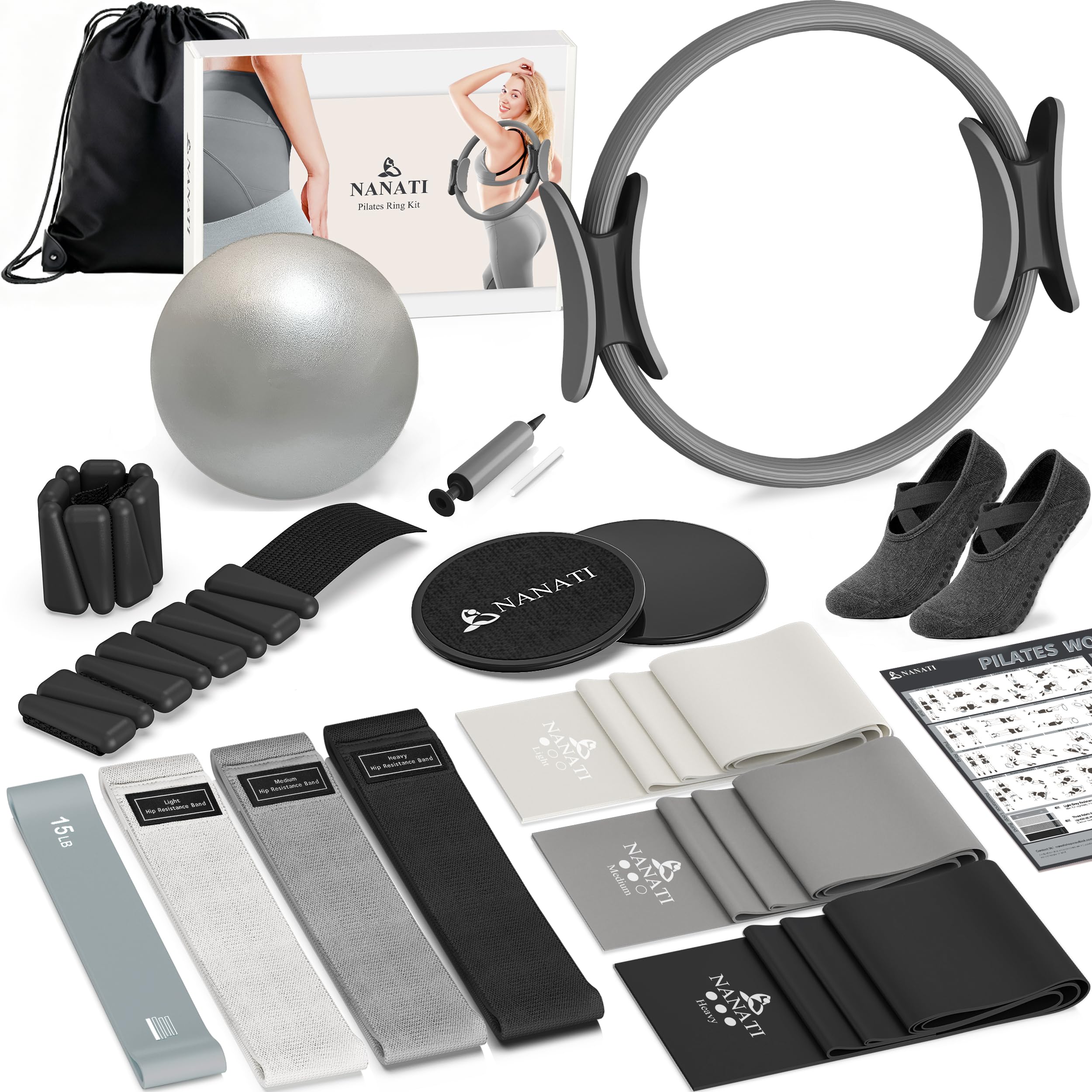 Photo 1 of (unknown missing items) NANATI Pilates Kit 18PCS,Pilates Essentials Kit for Women,Pilates Equipment with 14.5" Pilates Ring and Ball,7 Resistance Bands,Ankle Weights,Sliders & Grip Socks Accessories for Starter Home Workouts