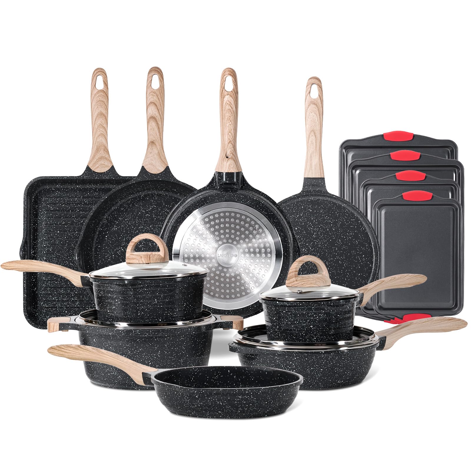 JEETEE 36Pcs Pots and Pans Set Non Stick, Cookware Set Non toxic Kitchen Healthy Induction Cooking Set W/Griddle, Sauté Pan, Baking Trays & Pancake Rake (PFOA, PFAS Free) Image