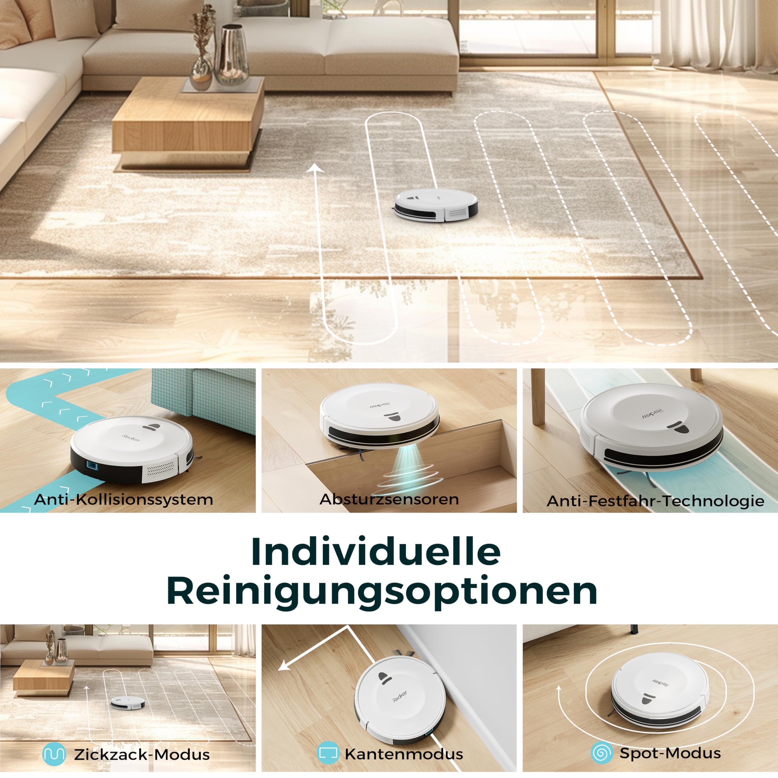 Redkey E6 Saugroboter mit 7000 Pa Saugkraft, Dynamische Navigation, Bis zu 170 Min Laufzeit, Roboterstaubsauger mit Ladestation, Fernbedienung und APP, Ideal für Tierhaare,Teppich,Hartboden 7
