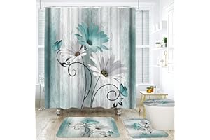 ONLALASYC Onalasyc 4PCS Teal Daisy Country Farmhouse Shower Curtain Set with Shower Curtain and Carpet and Accessories, Waterproof Bathroom Shower Curtain Decorative Set with 12 pcs Hooks,71 x 71in