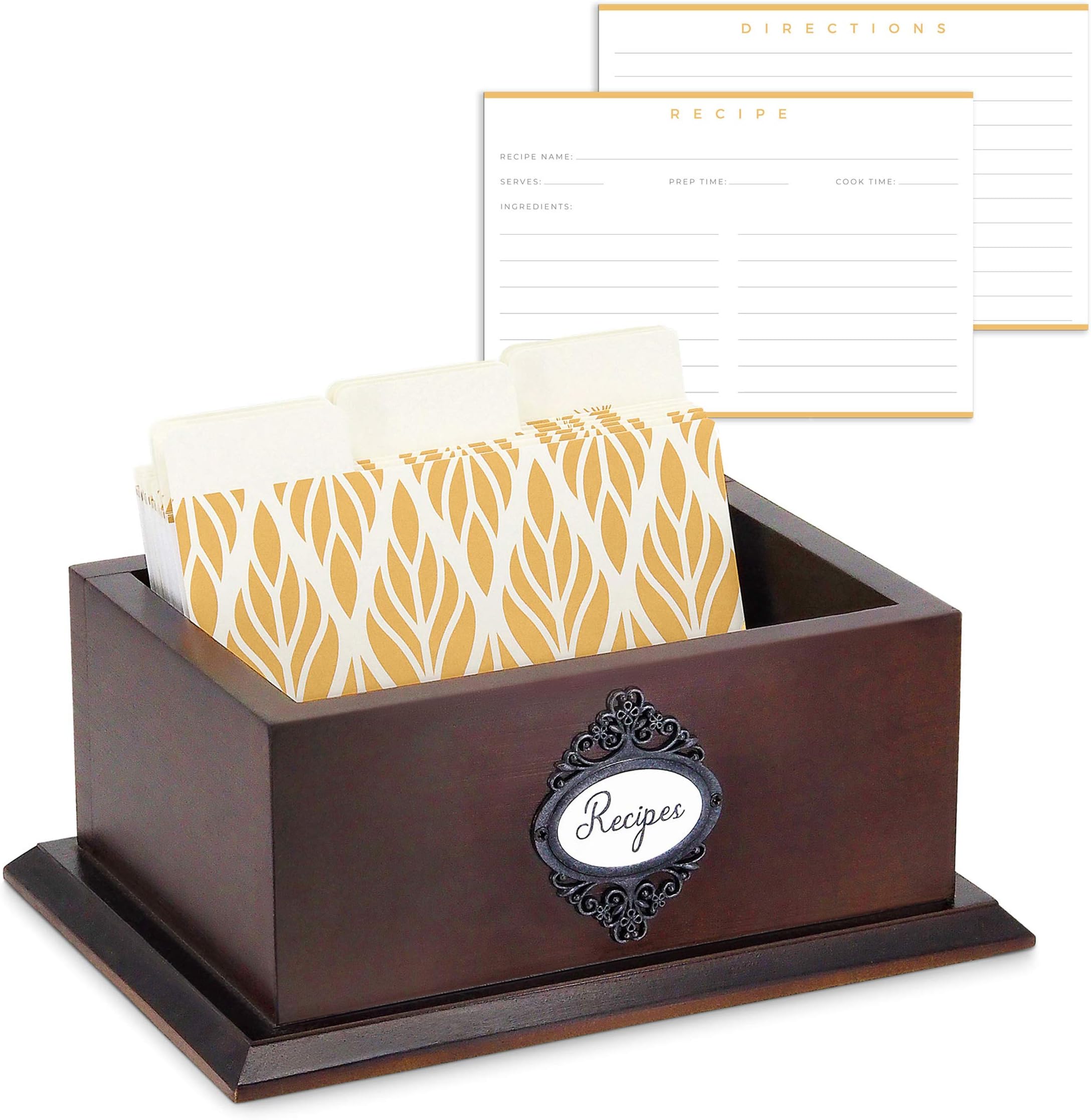 Modern 4x6 Wood Recipe Box with Cards and Dividers - Sturdy with Elegant Base and Open Top - 50 Recipe Cards and 9 Dividers Made with Thick Smear-Free Card Stock