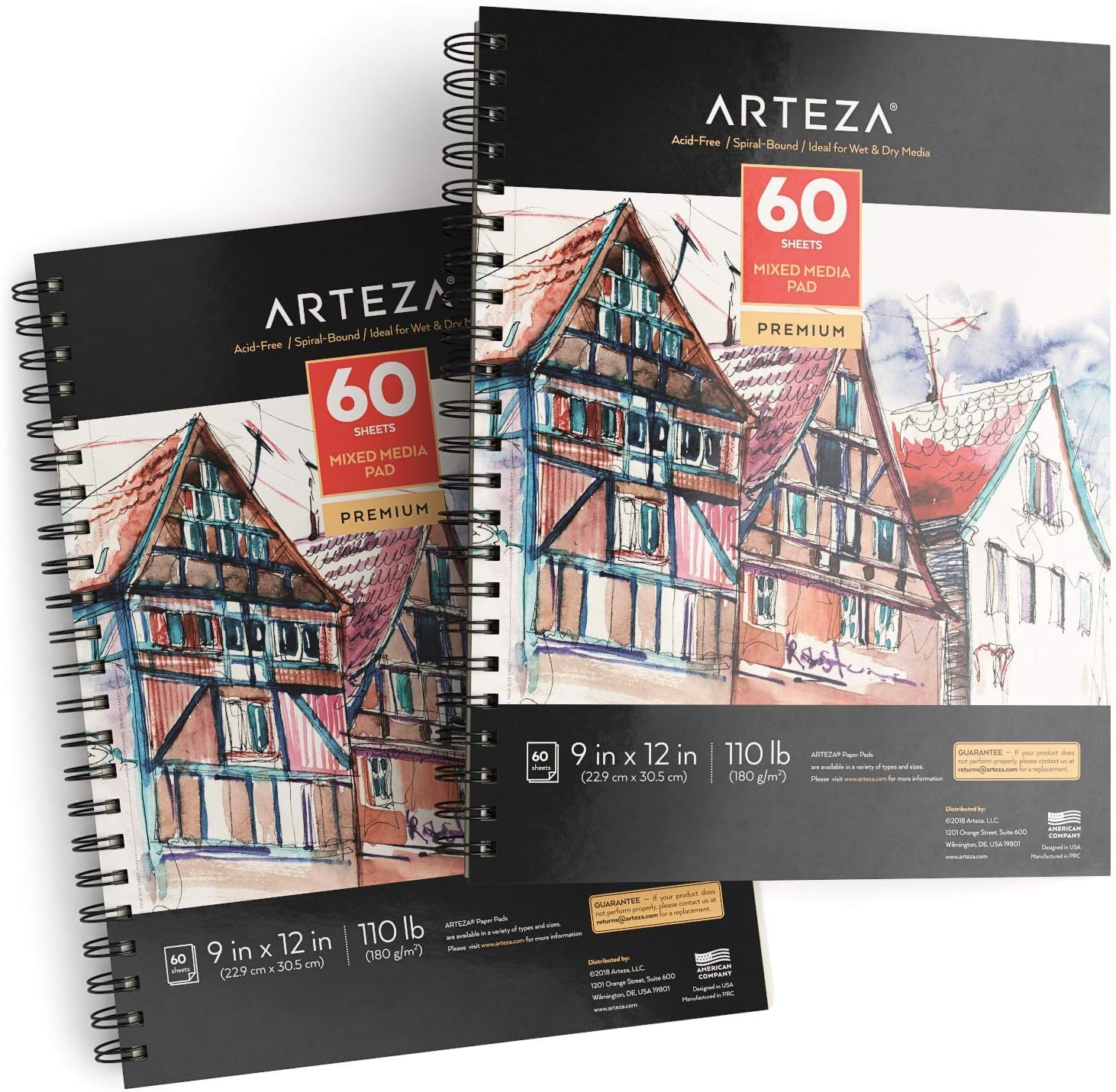 Arteza 22.9 x 30.5 cm Mixed Media Sketch Pad, 2 Pack, 180gsm, 120 Sheets (Acid-Free, Micro-Perforated), Spiral-Bound Pad