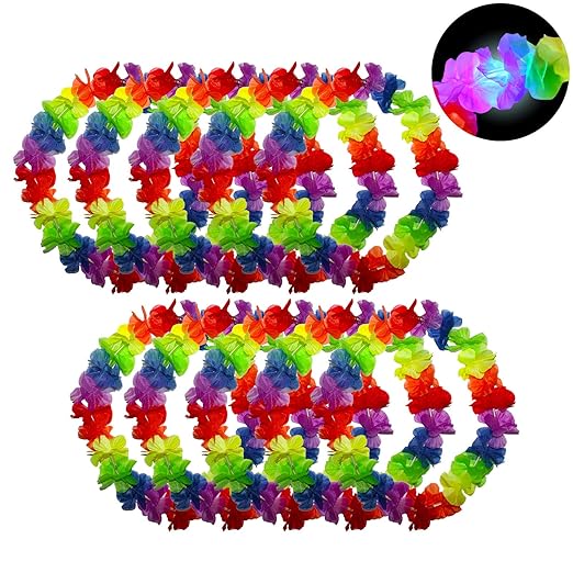 Leuchtende LED Hawaii Halskette / Hawaiianische Girlanden - 10er Set Hawaiian Blumenketten mit LED Lichtern, Gekräuselte Hawa