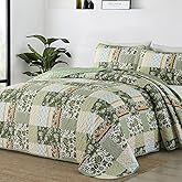 WONGS BEDDING Green Quilt Set King Size,Patchwork Plaid Printed Bedspread Coverlet Set,3 Pieces Summer Soft Microfiber Floral Bedding Set with 1 Quilt 2 Pillowcases