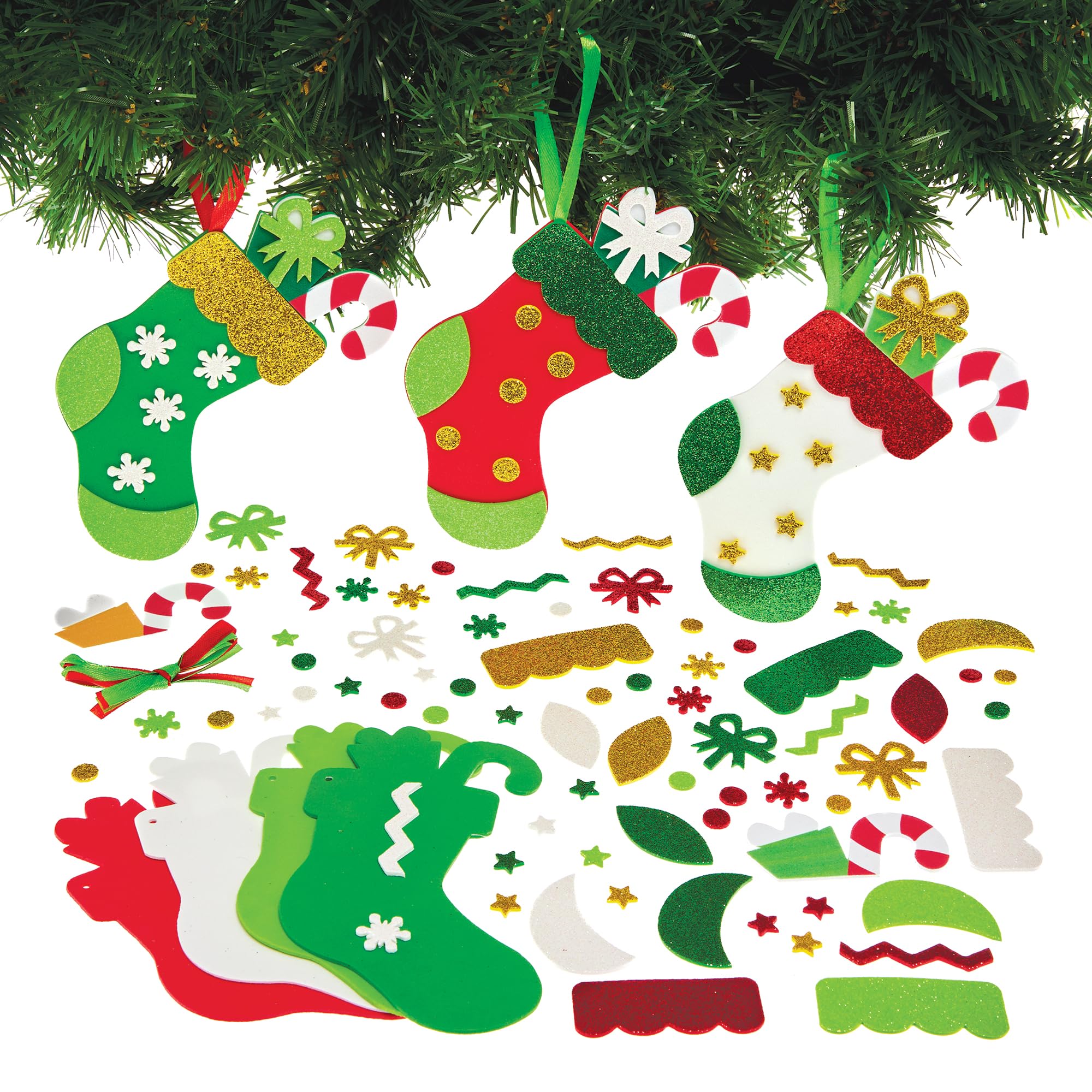 Baker Ross FX776 Christmas Stocking Mix and Match Decoration Kits - Pack of 8, Christmas Decoration Arts and Crafts for Kids
