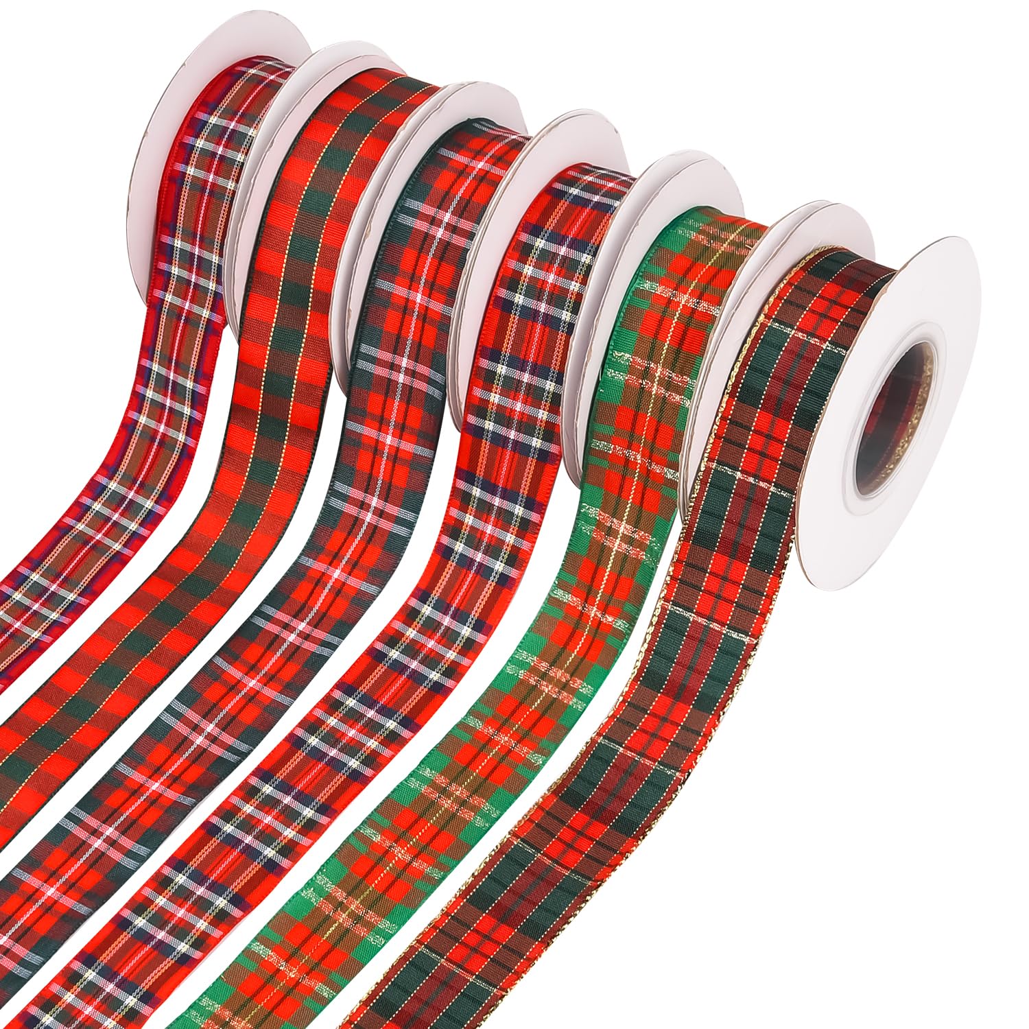 Lezevn 6 Rolls 10 Yards x 25mm Christmas Tartan Ribbon Fabric Buffalo Plaid Ribbon for Christmas Tree Decorations
