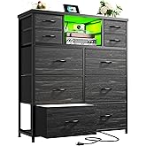 Romorgniz Dresser for Bedroom with 10 Drawers Featuring LED Light and Power Outlet, Fabric Dressers & Chest of Drawers with Open Shelves for Hallway, Living Room, Metal Frame,Wood Top,Grain Black