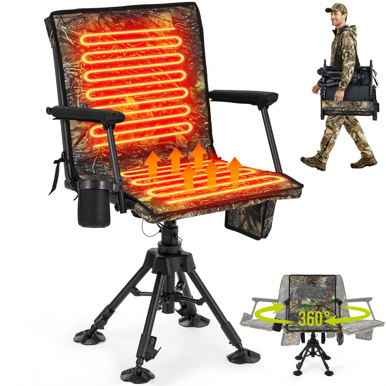 Photo 1 of ***FACTORY SEALED***HUNTSEN Heated Hunting Blind Chair with Removable Cover - Dual Heating Zones 3 Heat Levels - 360°Silent Swivel Height Adjustable Ground Chair - Portable Hunting Fishing Heated Seat - Supports 330lbs