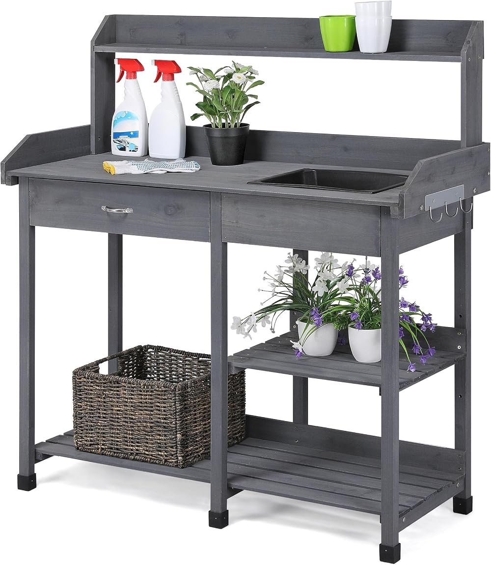 Yaheetech Garden Potting Table Wood Bench with Removable Sink & Shelves