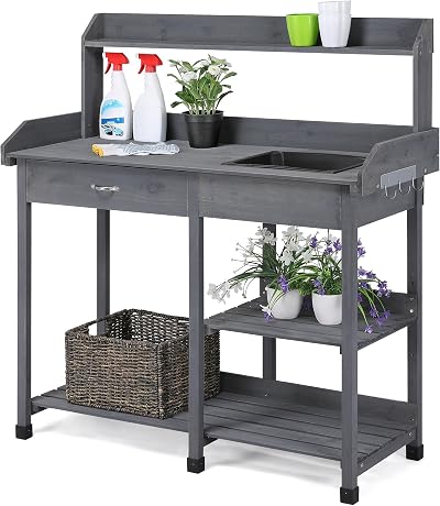 Yaheetech Garden Potting Table Wood Bench with Removable Sink & Shelves