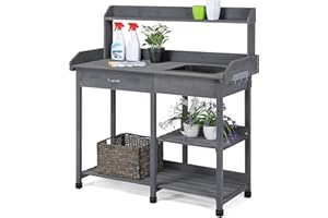 Yaheetech Outdoor Potting Bench Table Potters Benches Garden Workstation for Horticulture with Drawer/Adjustable Shelf Rack/Removable Sink/Hooks/Pads, Gray
