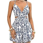 OYOANGLE Women's Tropical Print Spaghetti Strap Romper V Neck Criss Cross Backless Boho Wide Leg Short Jumpsuits