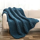 YAAPSU Chunky Knit Throw Blanket for Couch, 51“x63”, 100% Hand Knitted Thick Cable Knit with Cozy Jumbo Chenille Yarn, Soft Large Rope Knot Crochet Blankets for Sofa Bed Living Room Décor, Ocean Blue