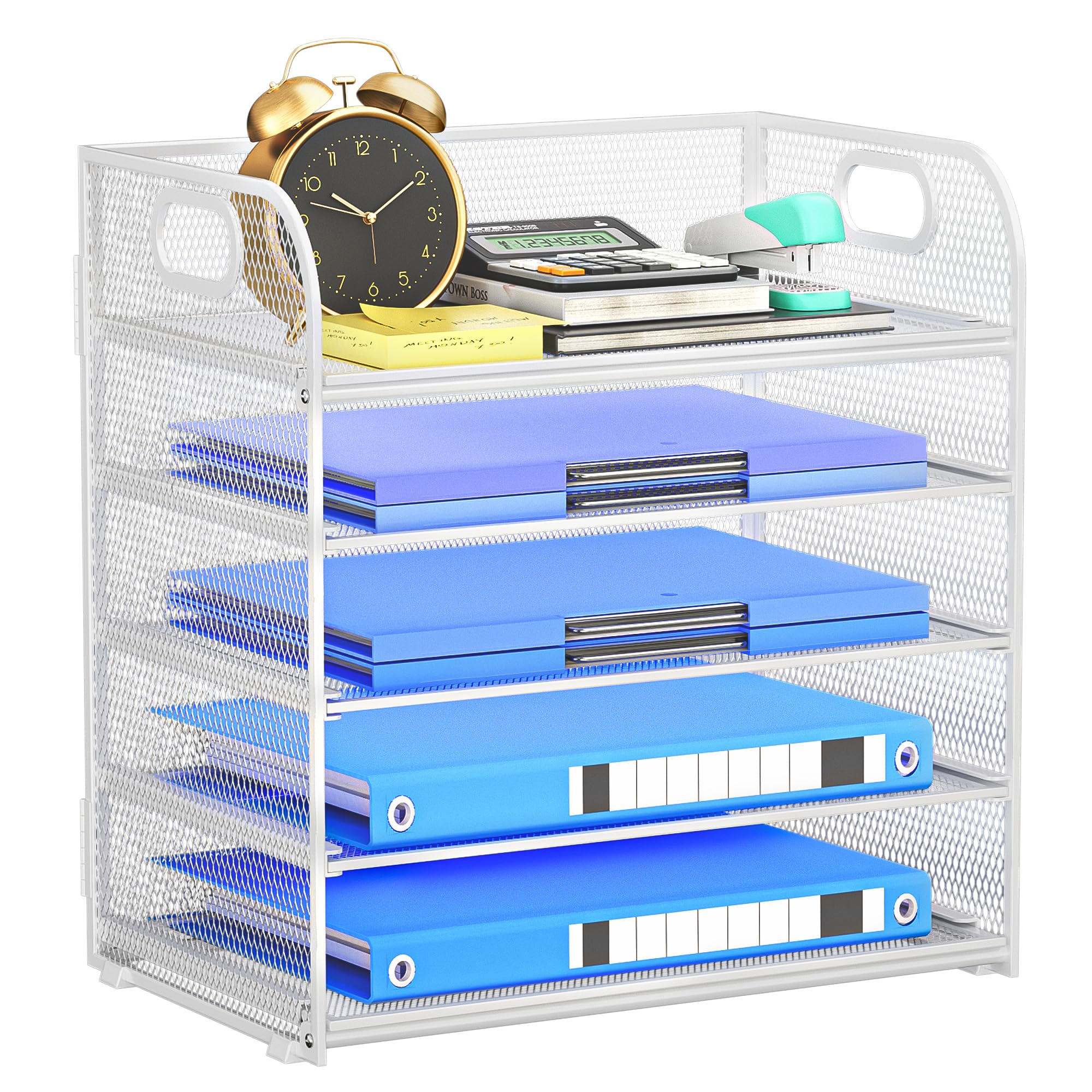 Photo 1 of Kinkota 5 Tier Paper Organizer for Desk Organizer with Handle Mesh Letter Tray Organizer and Accessories Paper Sorter for Office or School-White