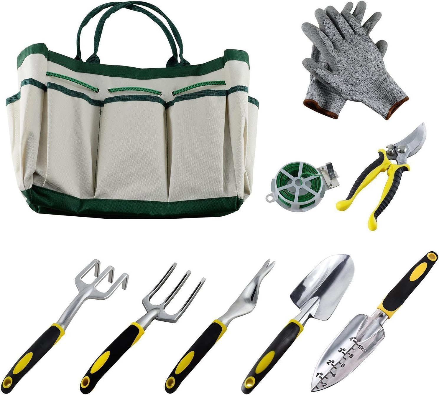 Ucharge 9 Pieces Garden Tool Set Includes a Gardening Tools Bag, a Pair of Work Gloves,6 Heavy Cast Aluminum Heads with Ergonomic Handles and a Plant Rope