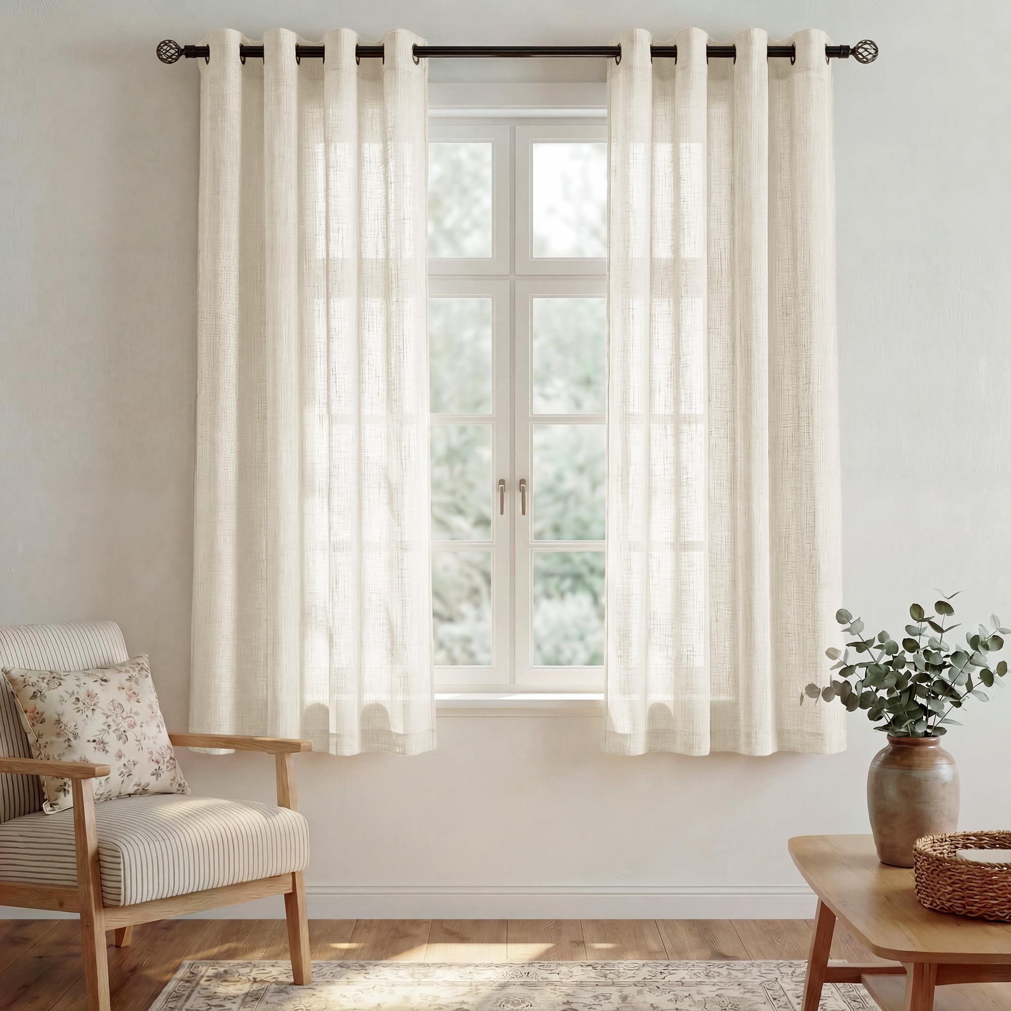 PONY DANCE Voile Curtain - Kitchen Window Decoration Half Transparent Voile with Eyelets Soft Draperies Cross Pattern Decor for Living Room, 132 x 137 cm, Beige, Pack of 2