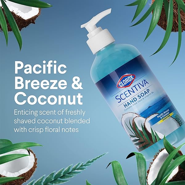 CLOROX SCENTIVA LIQUID HAND SOAP 14 OZ LIQUID HAND WASH WITH VITAMIN B5 BLEACHFREE SCENTED HAND SOAP FOR KITCHEN OR BATHROOM, PACIFIC BREEZE & COCONUT, ALOE VERA, 1 COUNT