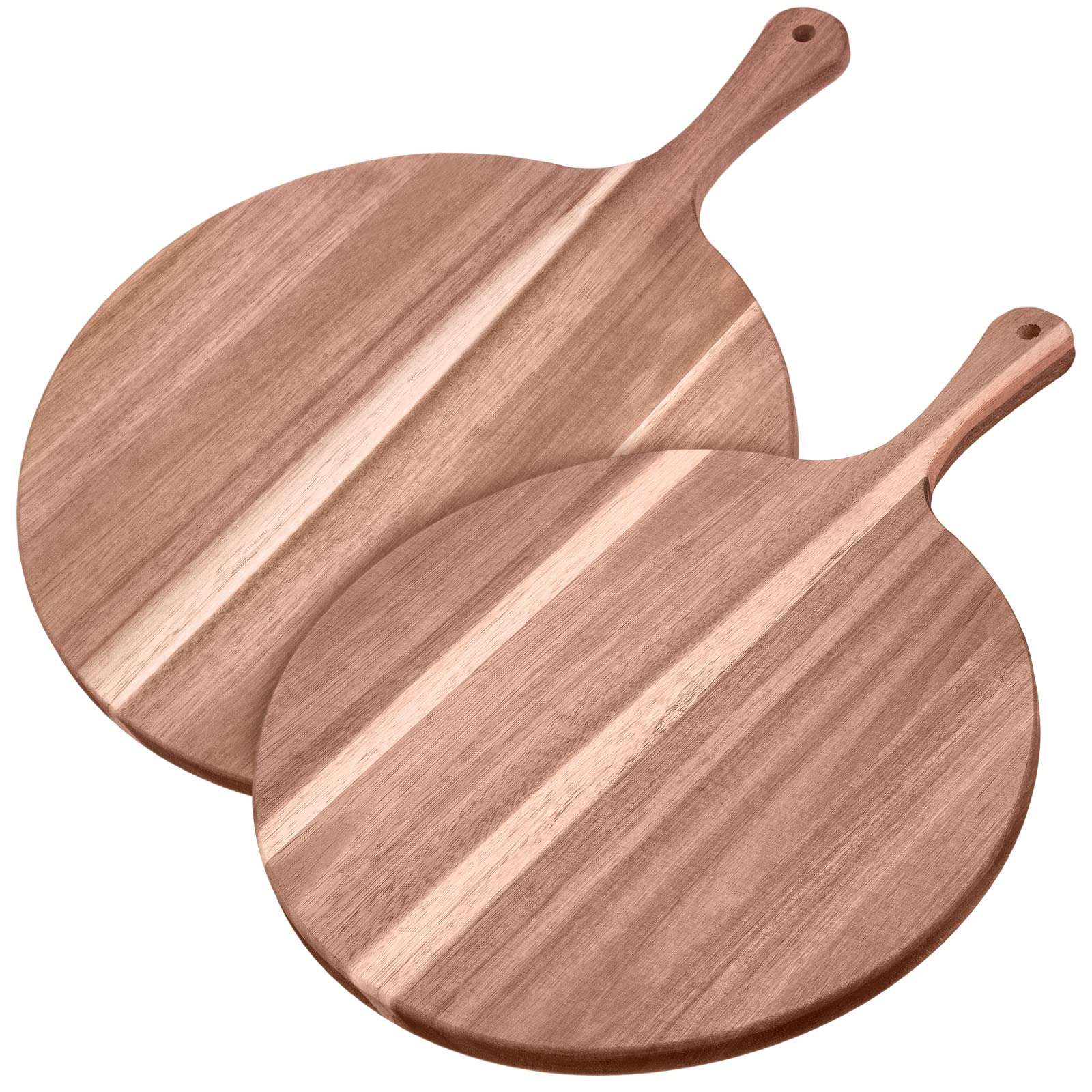 Photo 1 of 2 Pieces Acacia Wood Round Charcuterie Board 12'' Cutting Board Wooden Pizza Peel Cheese Paddle with Handle for Home Baking, Cheese, Fruits, Vegetables, Bread, Charcuterie Serving,16 x 12 x 0.6 Inch