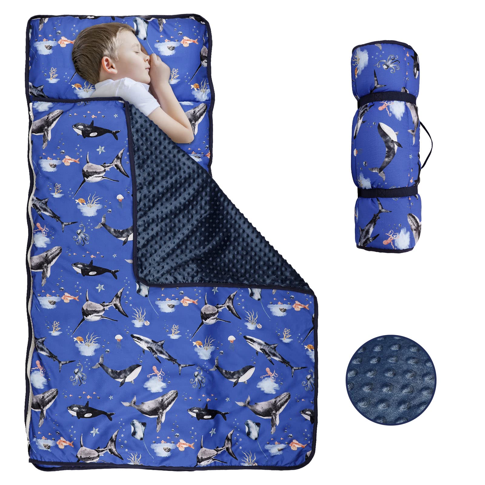 Photo 1 of Toddler Nap Mat with Removable Pillow and Soft Dot Minky Blanket, Pea Pod Kids Shark Napping Mats Extra Large Rolled Slumber Bags for Boys Preschool, Daycare, Camping, 22.9 x 51.2inches Ages 3-7 Years