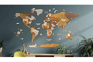 Wooden World Map Wall Decoration - multilayered, multicolor stained wood, engraved names - unique 3D design - for home & offi