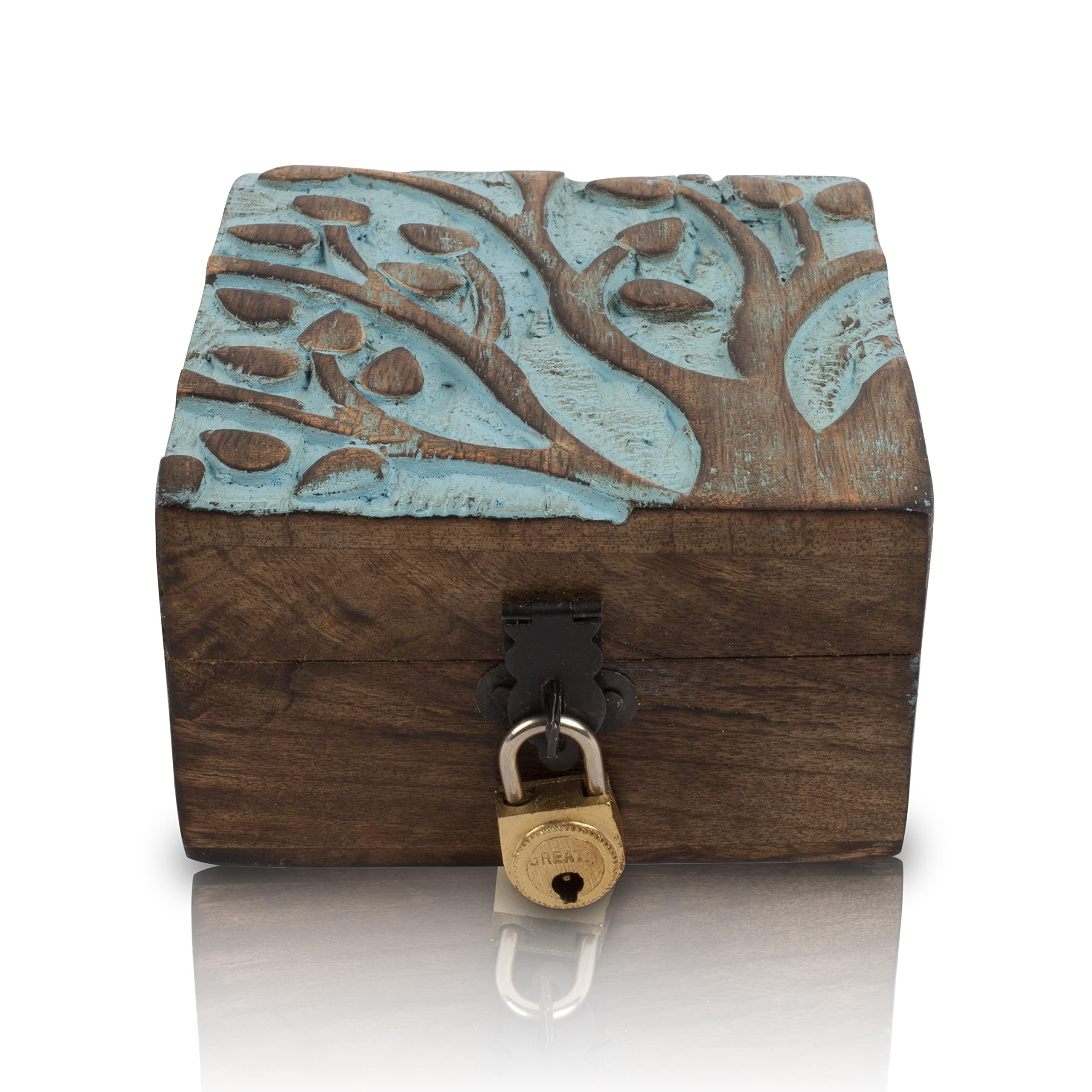 Great Birthday Gift Handmade Decorative Wooden Keepsake Jewellery Box With Tree Of Life Carving & Lock & Key Jewellery Organizer Treasure Chest Trinket Holder Watch Storage Lock Box (Blue)