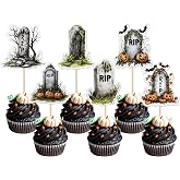 36 PCS Tombstone Cupcake Toppers - RIP Cemetery Graveyard Zombie Skeleton Pumpkin Bat Cupcake Picks for Halloween Theme Party Cake Decorations