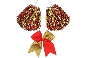 Hanaive 3 Pcs Cheerleading Pom Poms and Large Cheerleader Hair Bow Foil Pompoms Cheer for Team Cheering Squad Dance Rooters Accessories