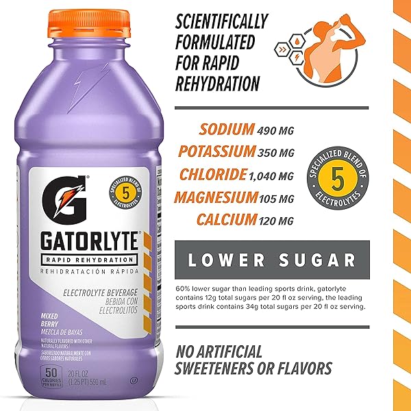 GATORLYTE RAPID REHYDRATION ELECTROLYTE BEVERAGE, MIXED BERRY, 20OZ BOTTLE