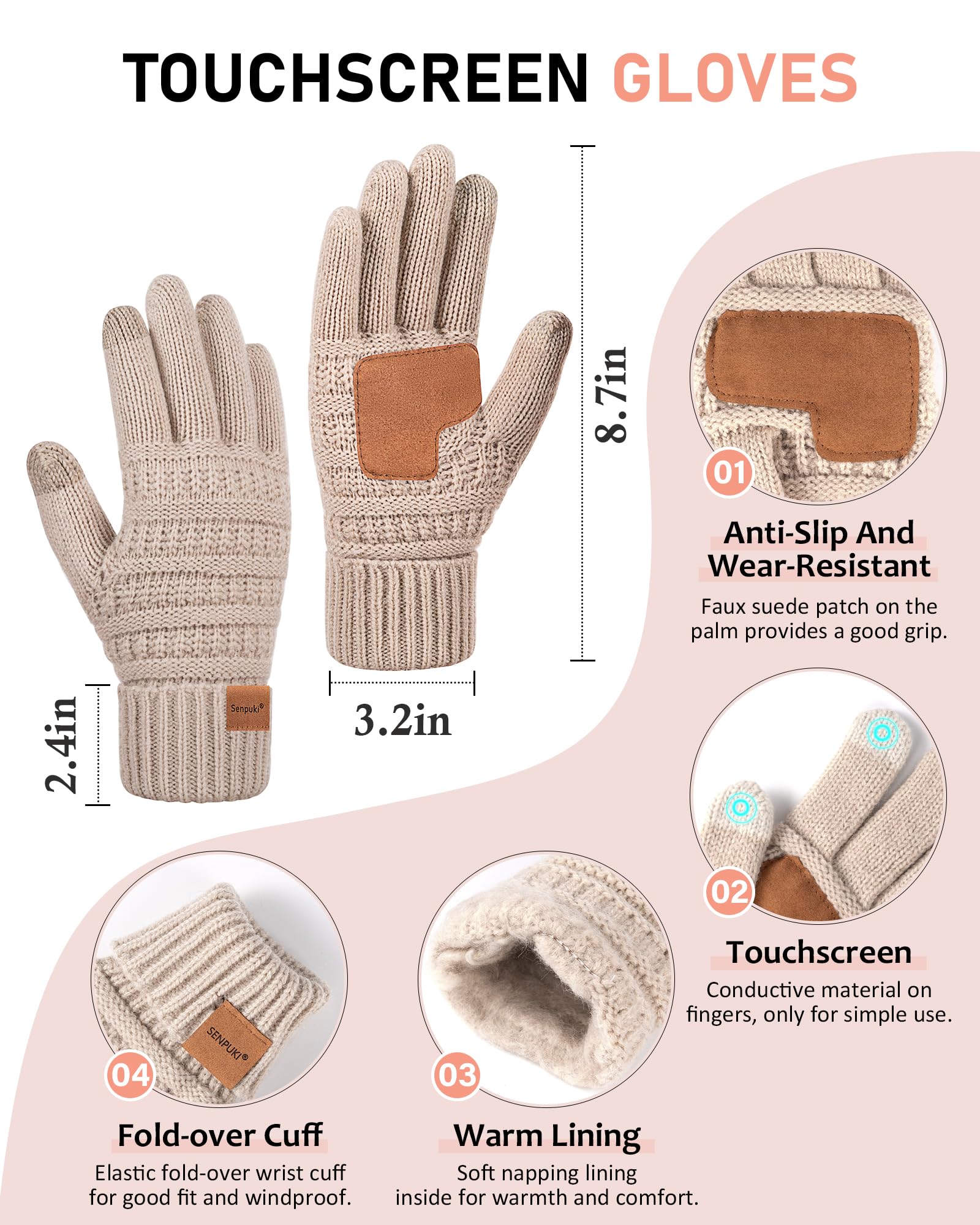 Womens Winter Beanie Hat Scarf Gloves Headband Set, Slouchy Beanie Ear Warmer Knit Scarf Touchscreen Gloves Warm 4 Gift Set